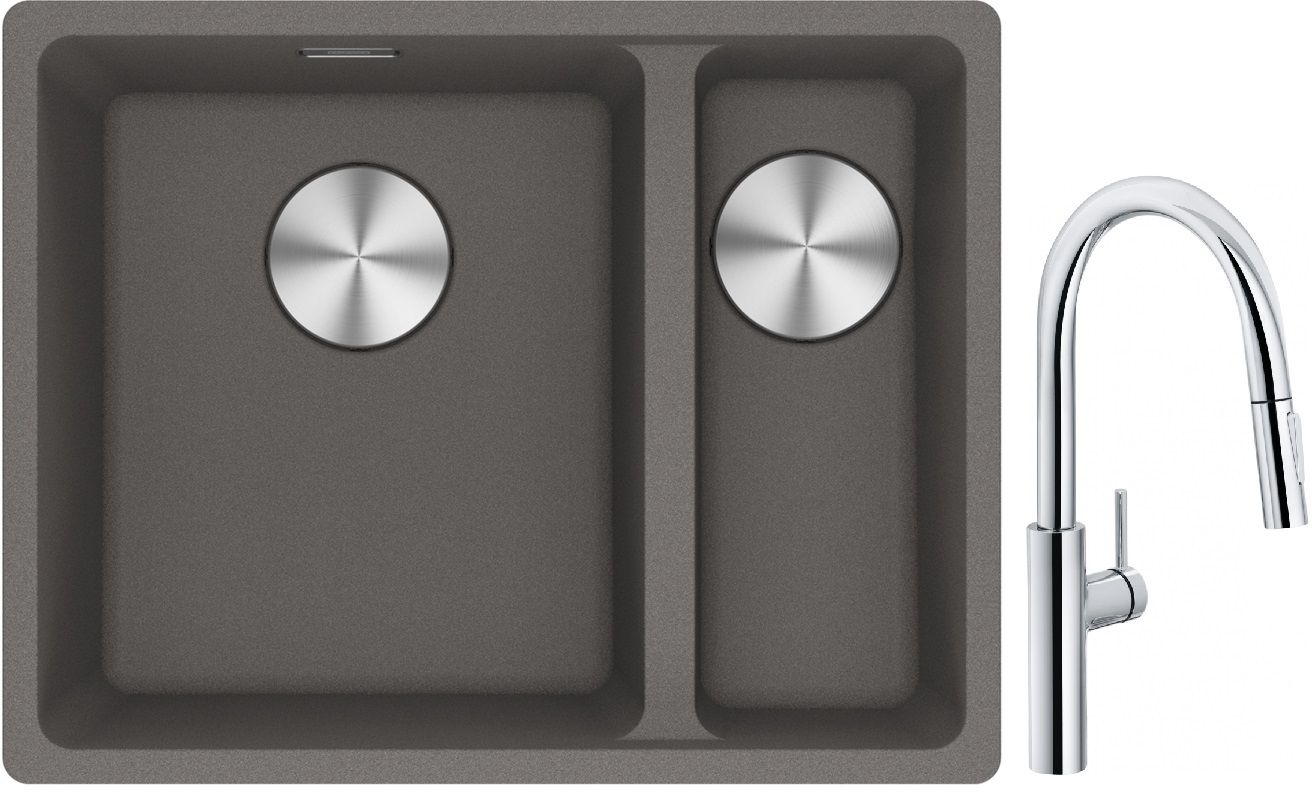 Franke Maris MRG 160-34-15SBR zlewozmywak 52x40 cm Fragranite kamienny szary z baterią kuchenną Pescara L Slide-In chrom (1250687266, ...