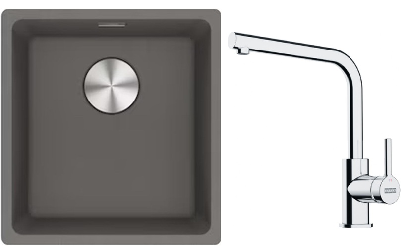 Franke Maris MRG 110-37 zlewozmywak 40x37 cm Fragranite kamienny szary z baterią kuchenną Lina chrom (1250687250, 1150693230)