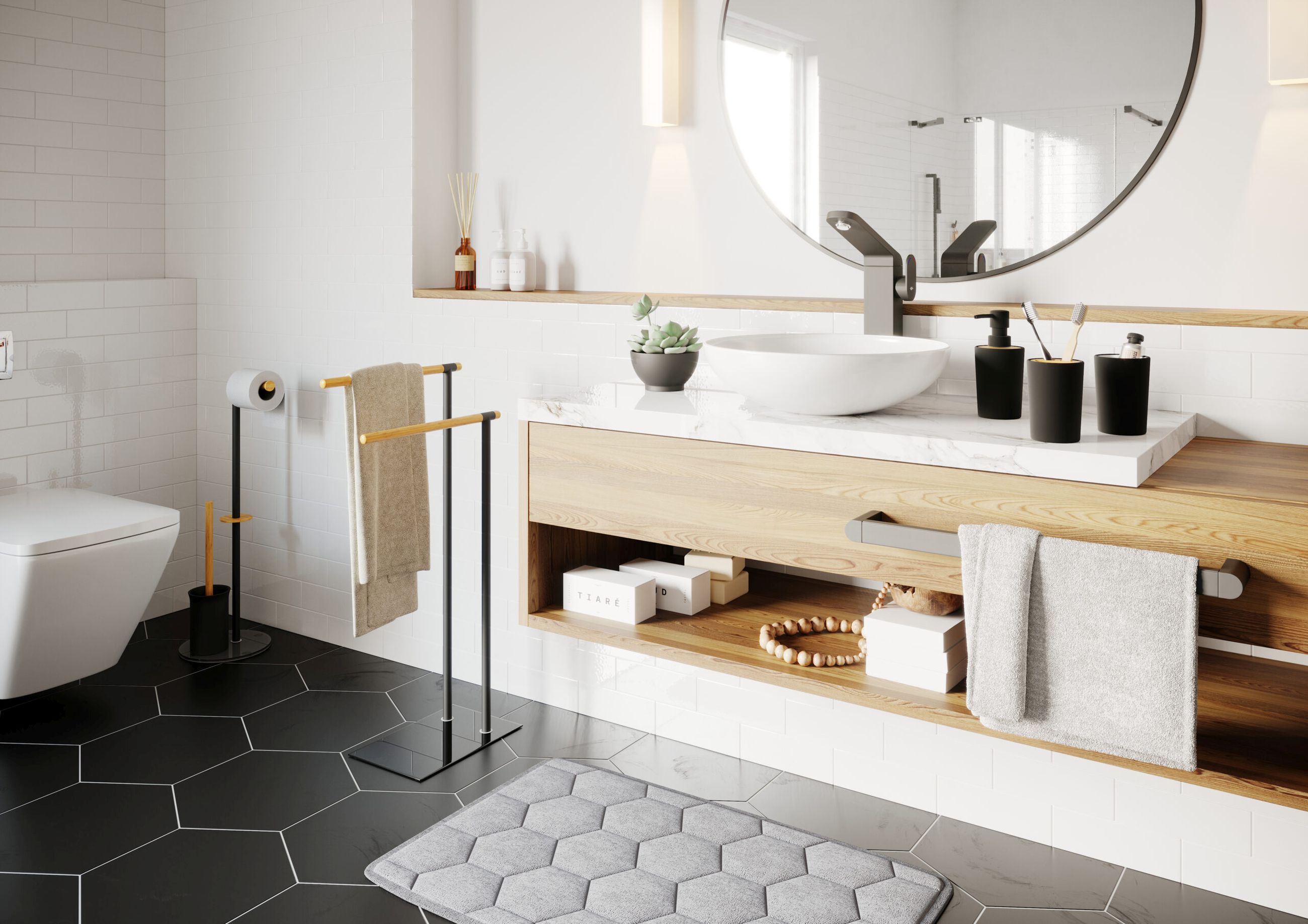 Bisk Umbra Plus stojak na papier toaletowy ze szczotką WC czarny/bambus 08168