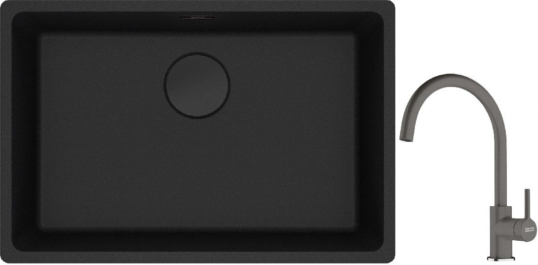 Franke Maris MRG 110-62 zlewozmywak 62x40 cm Fragranite czarny mat z baterią kuchenną Lina kamienny szary (1250697758, 1150626022)