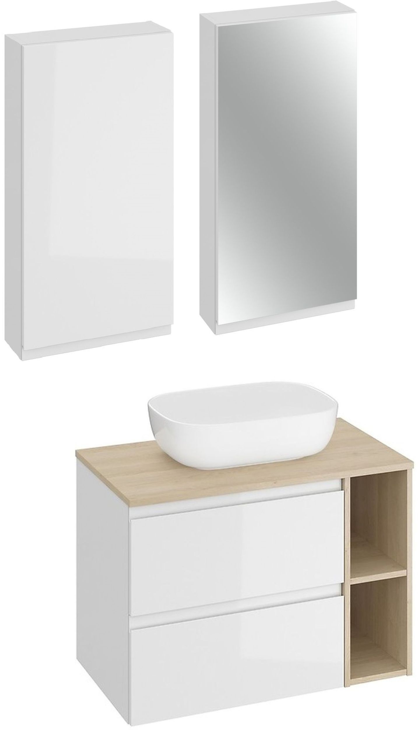 Cersanit Moduo SET B690 umywalka 50x36 cm nablatowa z szafką 80 cm podumywalkową biała/dąb i dwiema szafkami wiszącymi S801-446 - Wysyłka w 24h