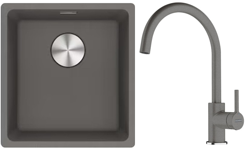 Franke Maris MRG 110-37 zlewozmywak 40x37 cm Fragranite kamienny szary z baterią kuchenną Lina kamienny szary (1250687250, 1150626022)