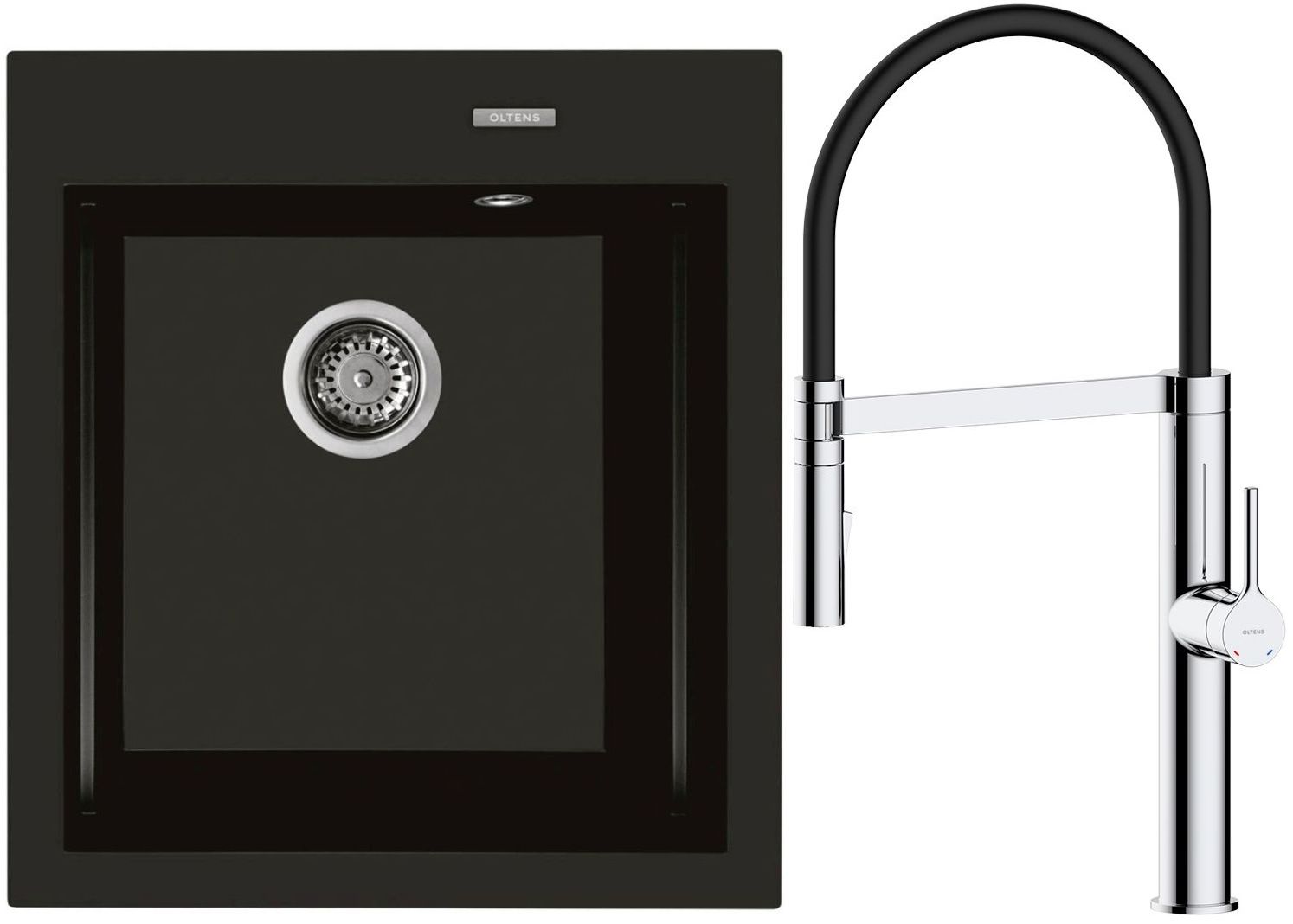 Zestaw Oltens Gravan zlewozmywak granitowy 1-komorowy 47x51,5 cm z baterią kuchenną Broga czarny mat/chrom (72001300, 35207100) - Wysyłka w 24h
