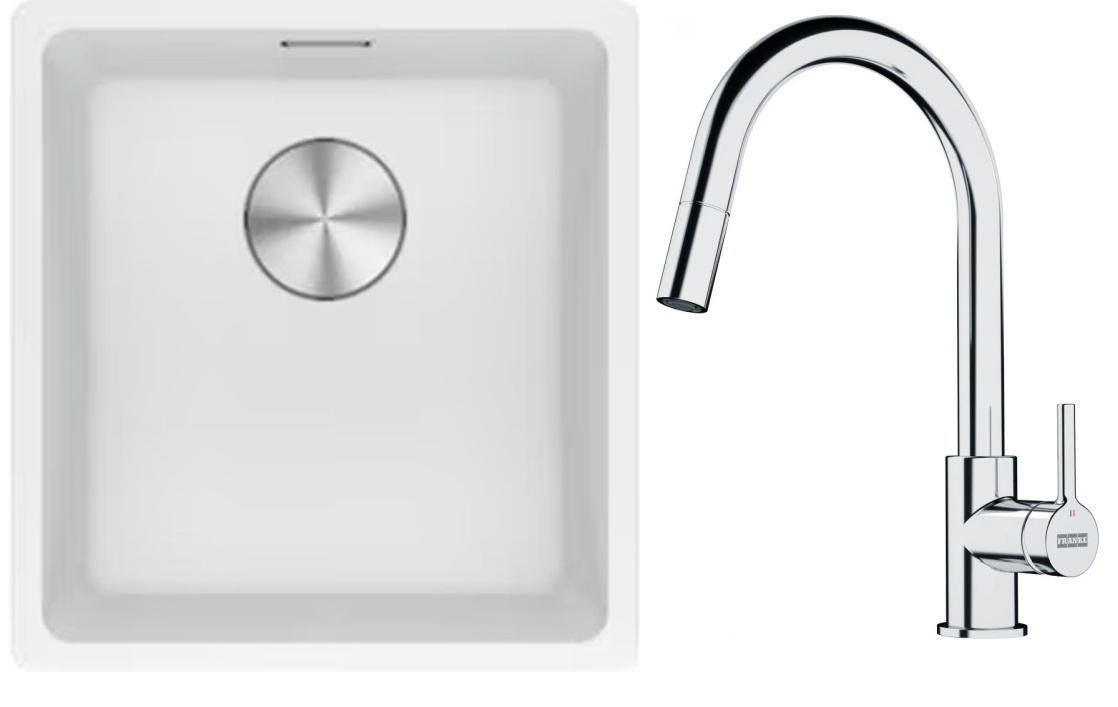 Franke Maris MRG 110-37 zlewozmywak 40x37 cm Fragranite biały polarny z baterią kuchenną Lina chrom (1250687251, 1150693229)