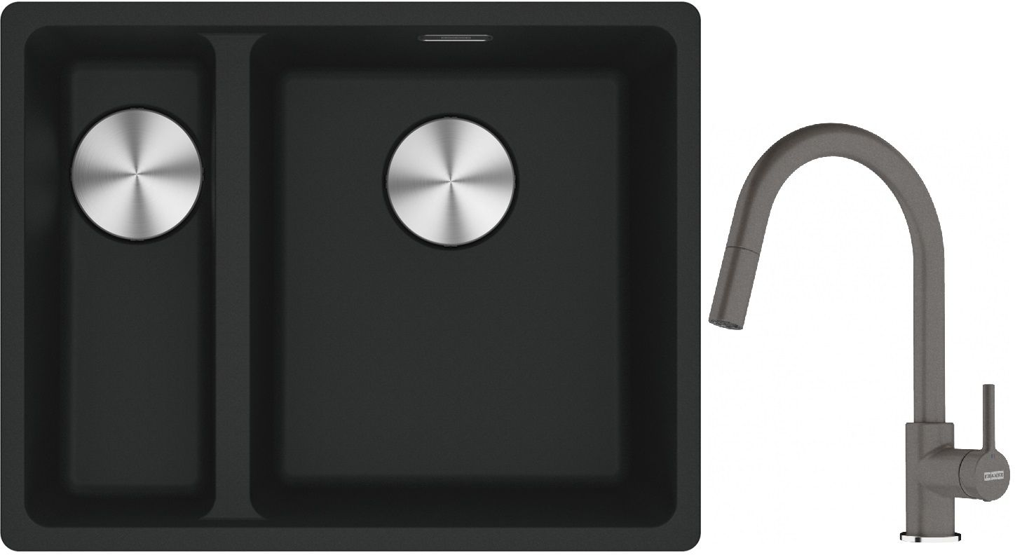 Franke Maris MRG 160-34-15SBL zlewozmywak 52x40 cm Fragranite czarny mat z baterią kuchenną Lina kamienny szary (1250687268, 1150626057)