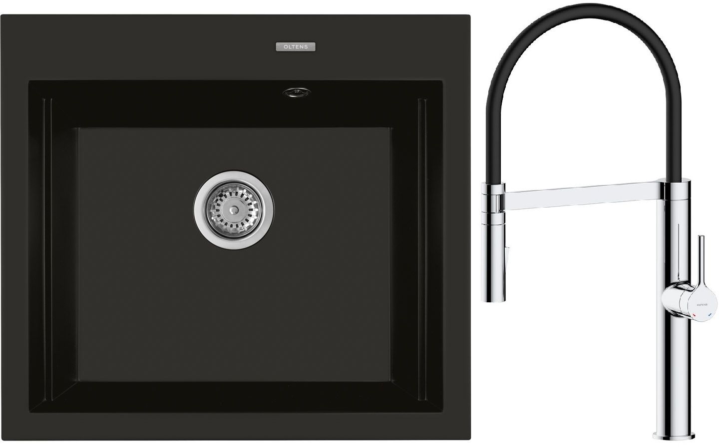 Zestaw Oltens Gravan zlewozmywak granitowy 1-komorowy 57x51,5 cm z baterią kuchenną Broga czarny mat/chrom (72000300, 35207100) - Wysyłka w 24h
