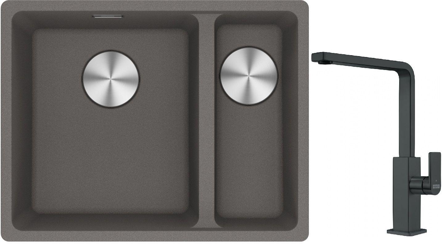 Franke Maris MRG 160-34-15SBR zlewozmywak 52x40 cm Fragranite kamienny szary z baterią kuchenną Mythos czarna stal szlachetna ...