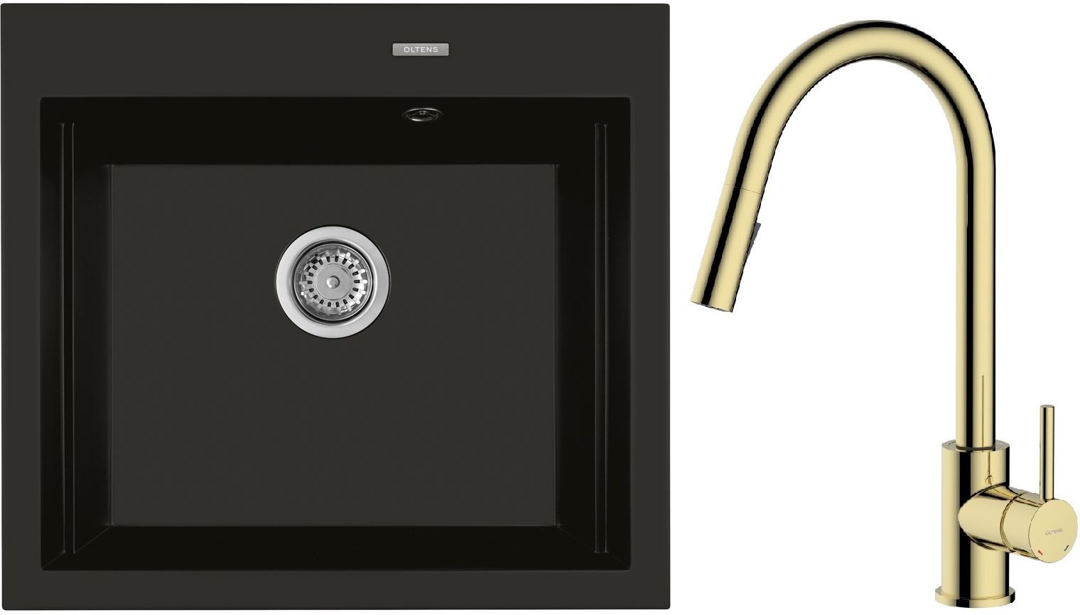 Zestaw Oltens Gravan zlewozmywak granitowy 1-komorowy 57x51,5 cm z baterią kuchenną Litla czarny mat/złoty połysk (72000300, 35204800) - Wysyłka w 24h