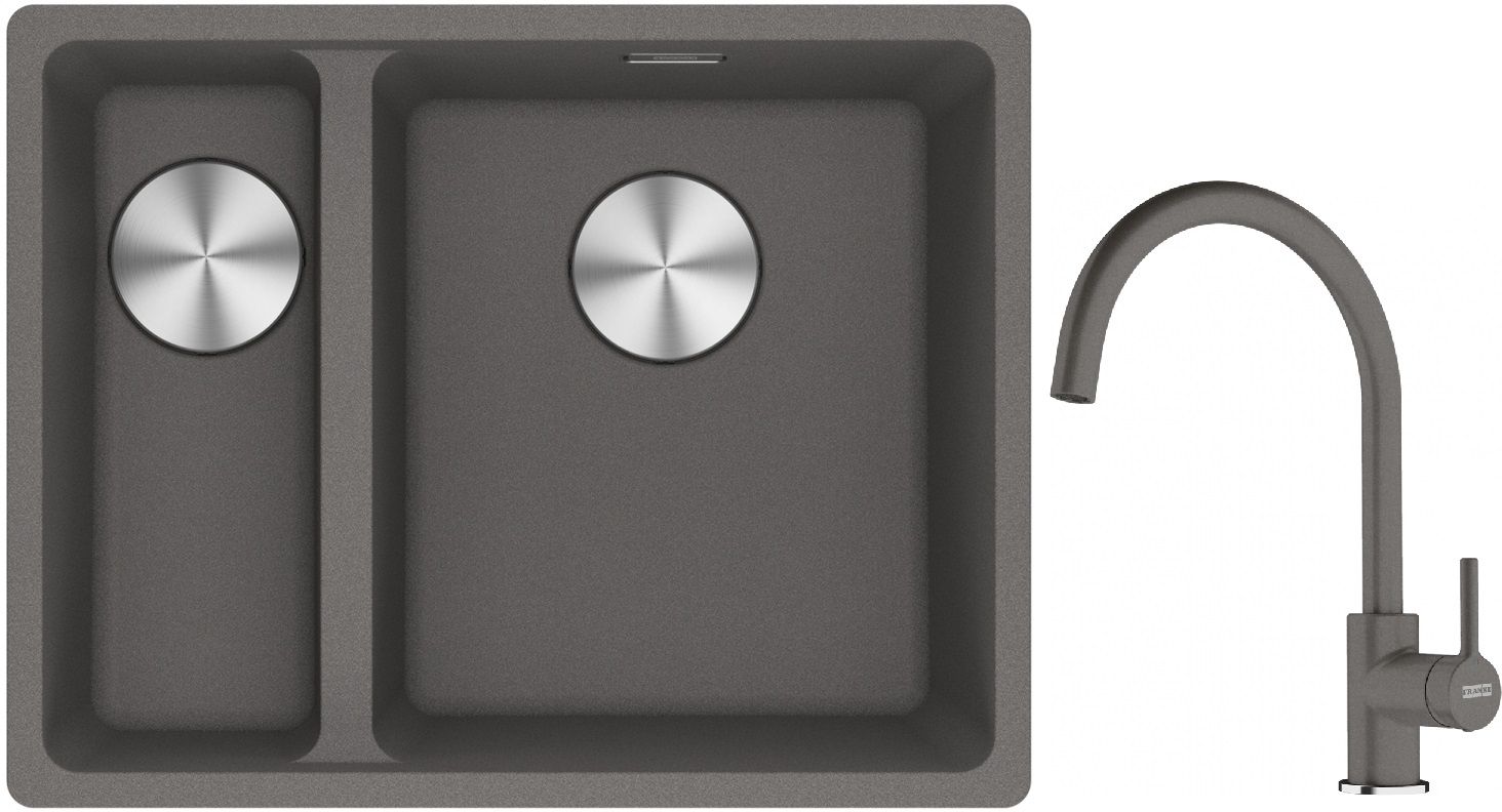 Franke Maris MRG 160-34-15SBL zlewozmywak 52x40 cm Fragranite kamienny szary z baterią kuchenną Lina kamienny szary (1250687270, ...