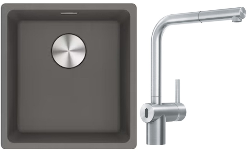 Franke Maris MRG 110-37 zlewozmywak 40x37 cm Fragranite kamienny szary z baterią kuchenną Atlas Neo Sensor stal szlachetna (1250687250, ...