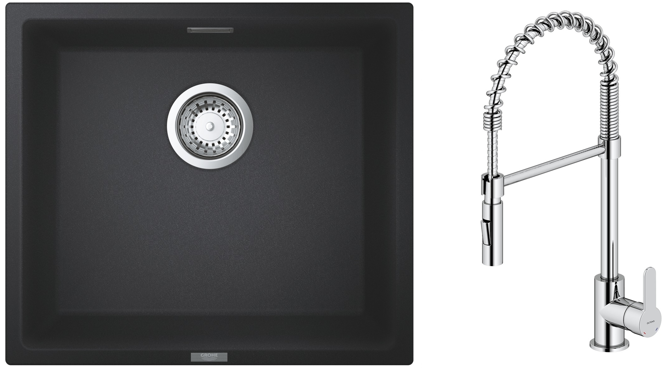 Zestaw Grohe K700 zlewozmywak granitowy 45,7x40,6 cm z baterią kuchenną Oltens Duf czarny granit/chrom (35203100, 31653AP0) - Wysyłka w 24h
