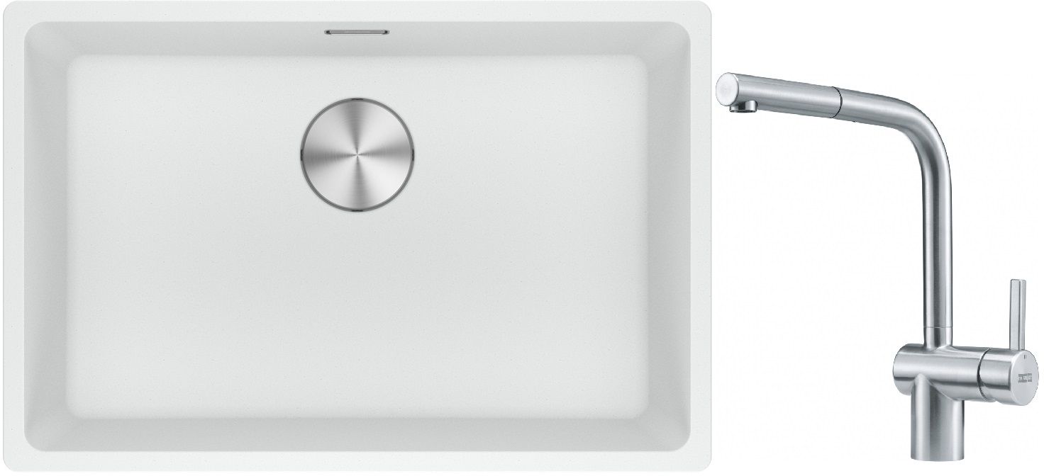 Franke Maris MRG 110-62 zlewozmywak 62x40 cm Fragranite biały polarny z baterią kuchenną Atlas stal szlachetna (1250687259, 1150521439)