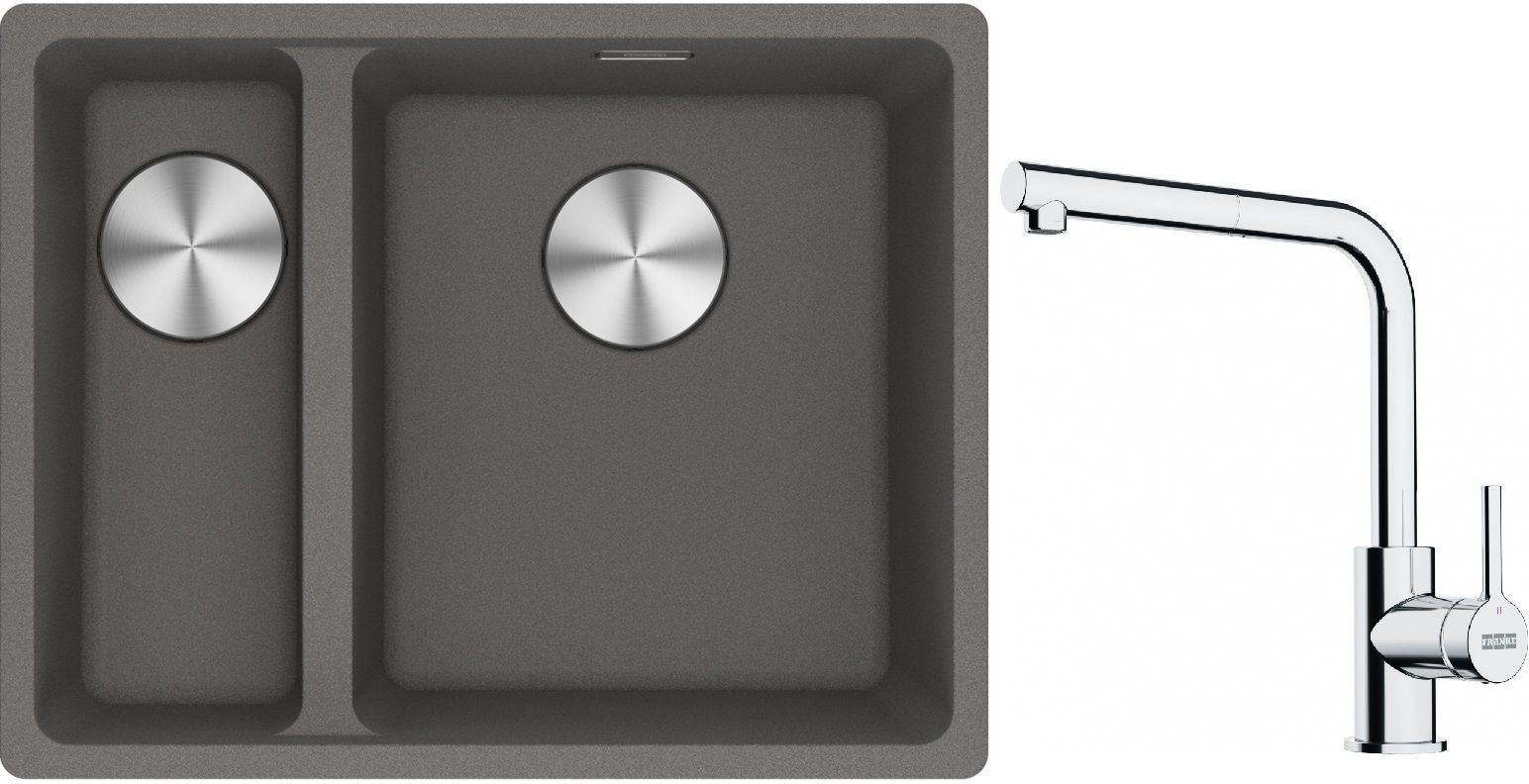 Franke Maris MRG 160-34-15SBL zlewozmywak 52x40 cm Fragranite kamienny szary z baterią kuchenną Lina chrom (1250687270, 1150712420)