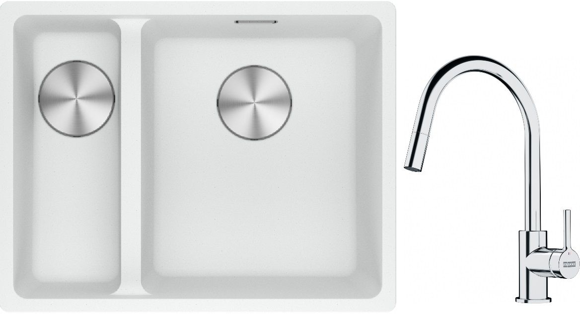 Franke Maris MRG 160-34-15SBL zlewozmywak 52x40 cm Fragranite biały polarny z baterią kuchenną Lina chrom (1250687271, 1150693229)