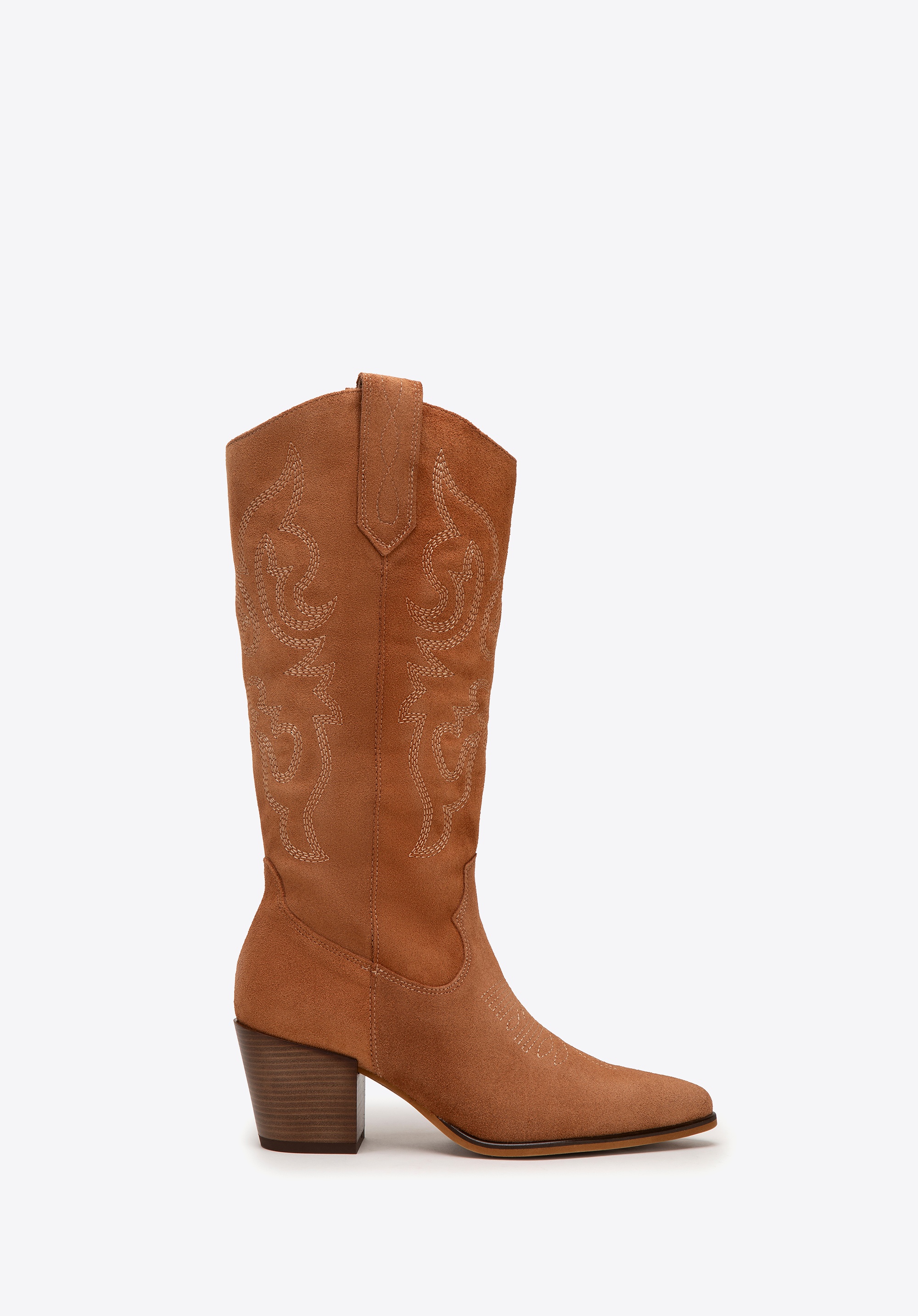 Damskie kowbojki z zamszu w haftowane wzory brązowe