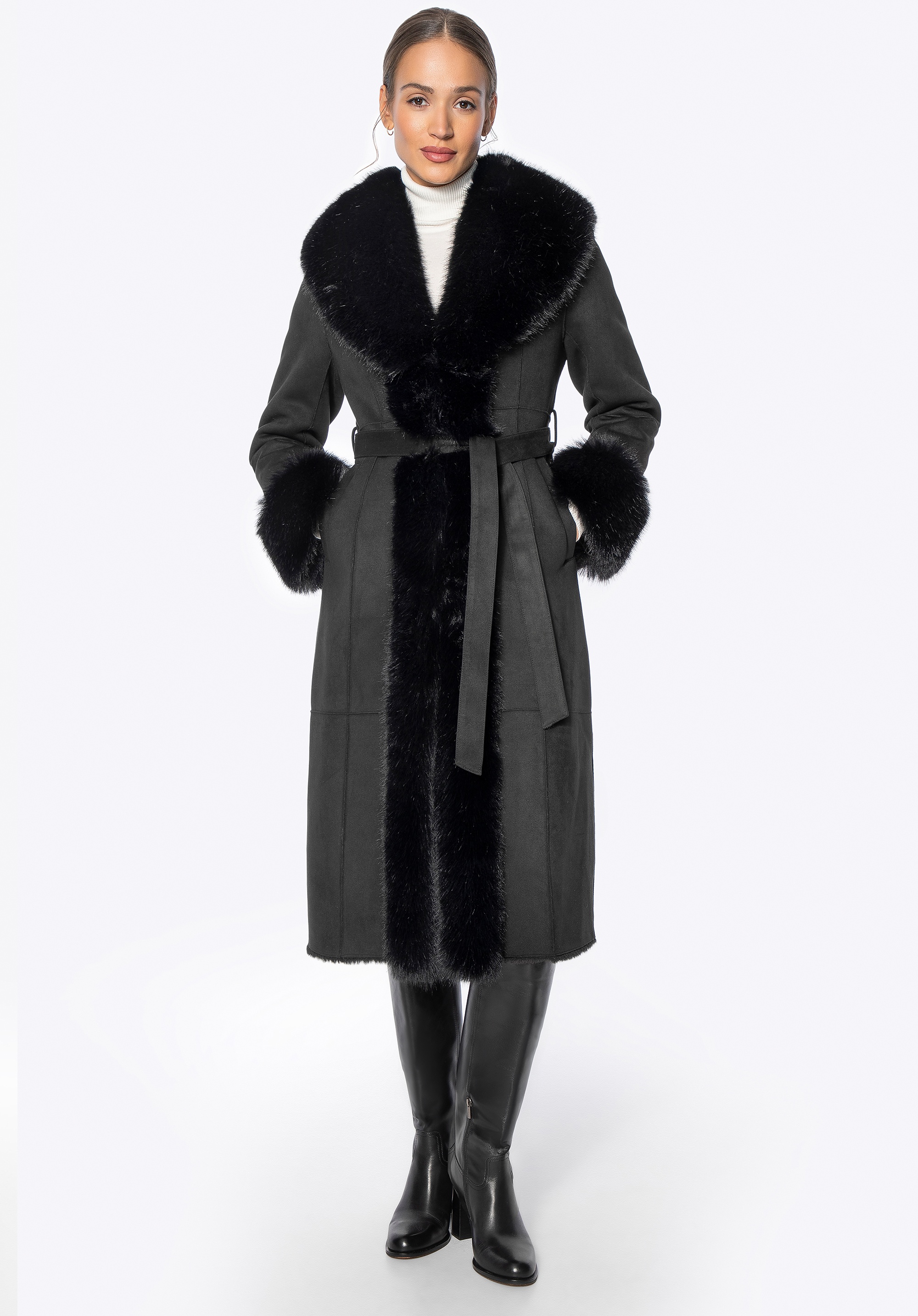 Płaszcz damski z obszyciem ze sztucznego futra czarny