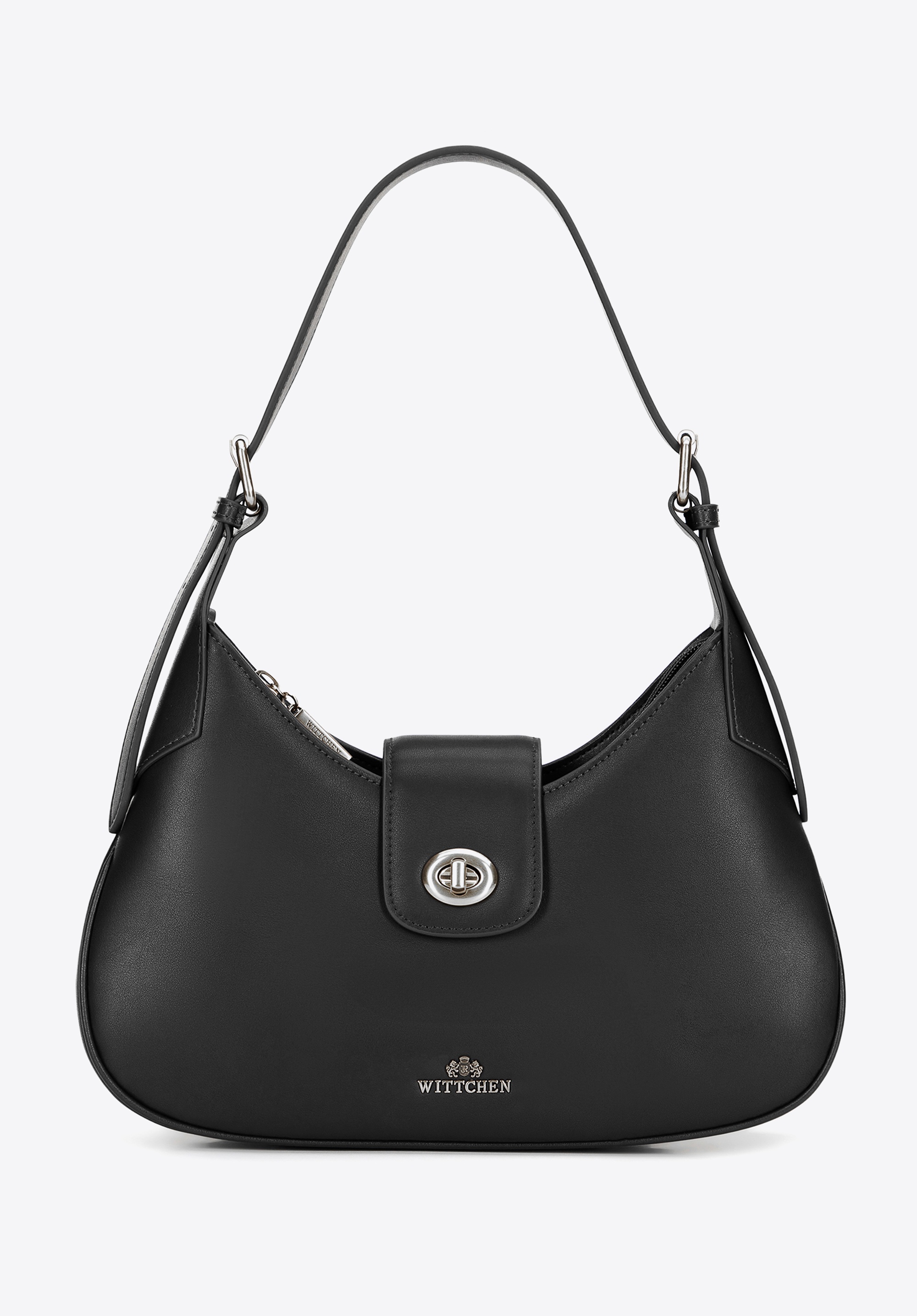 Skórzana torebka na ramię z odpinanym paskiem czarno - srebrna