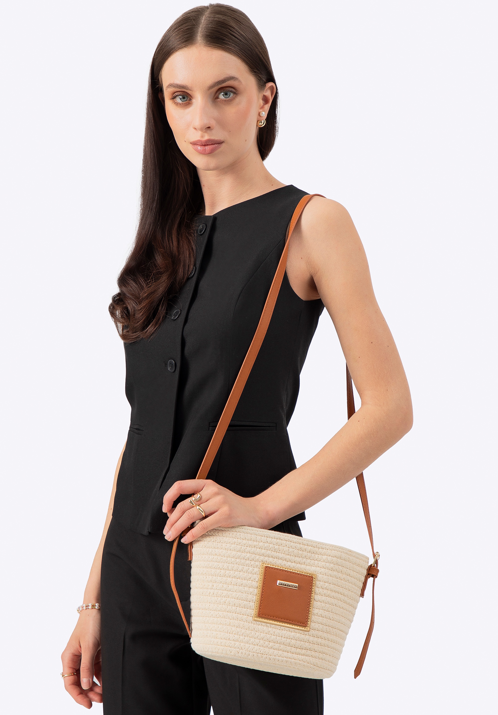 Damska torebka koszyk z domieszką bawełny mała beżowa