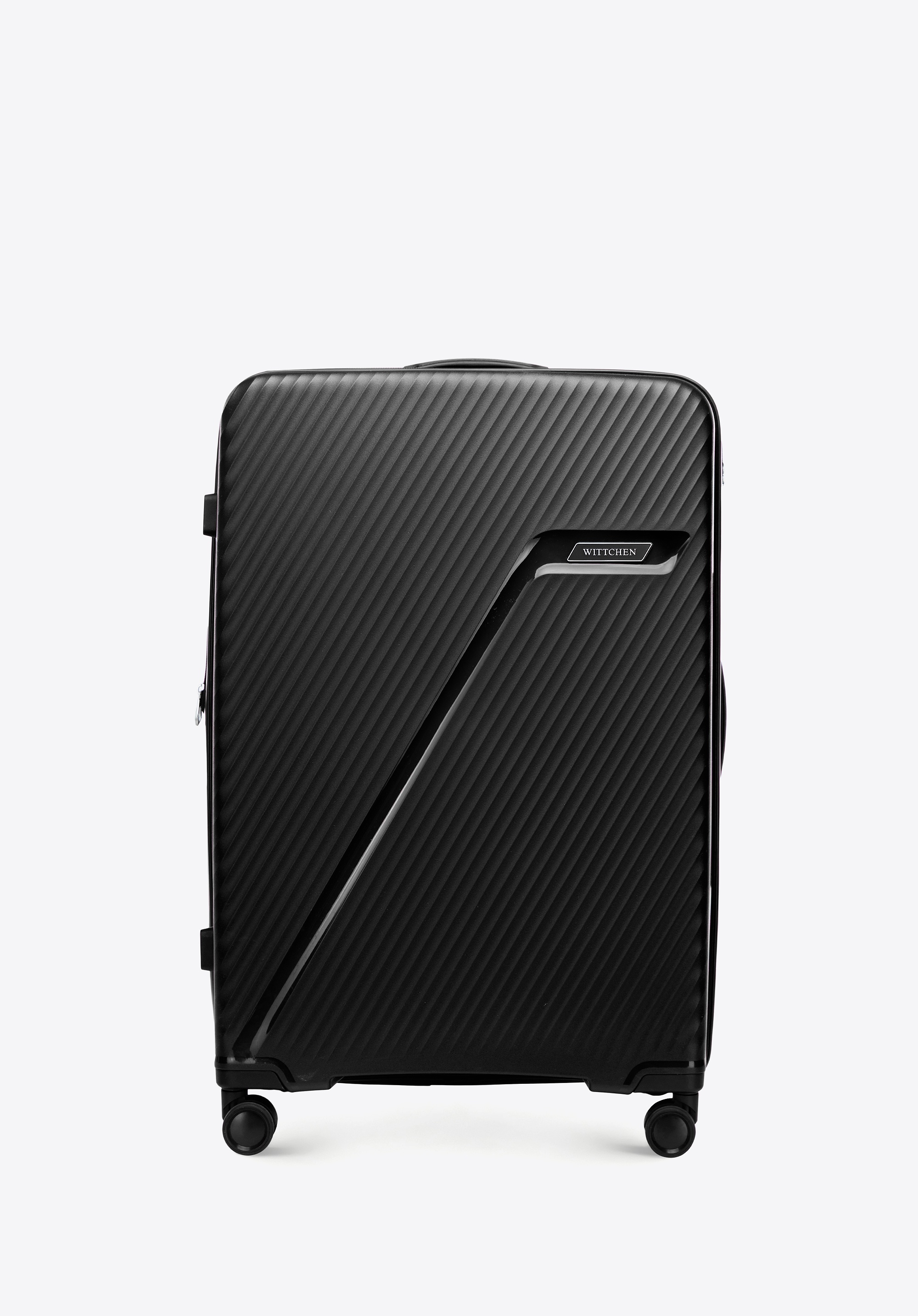 Duża walizka z polipropylenu w ukośne pasy czarno - srebrna