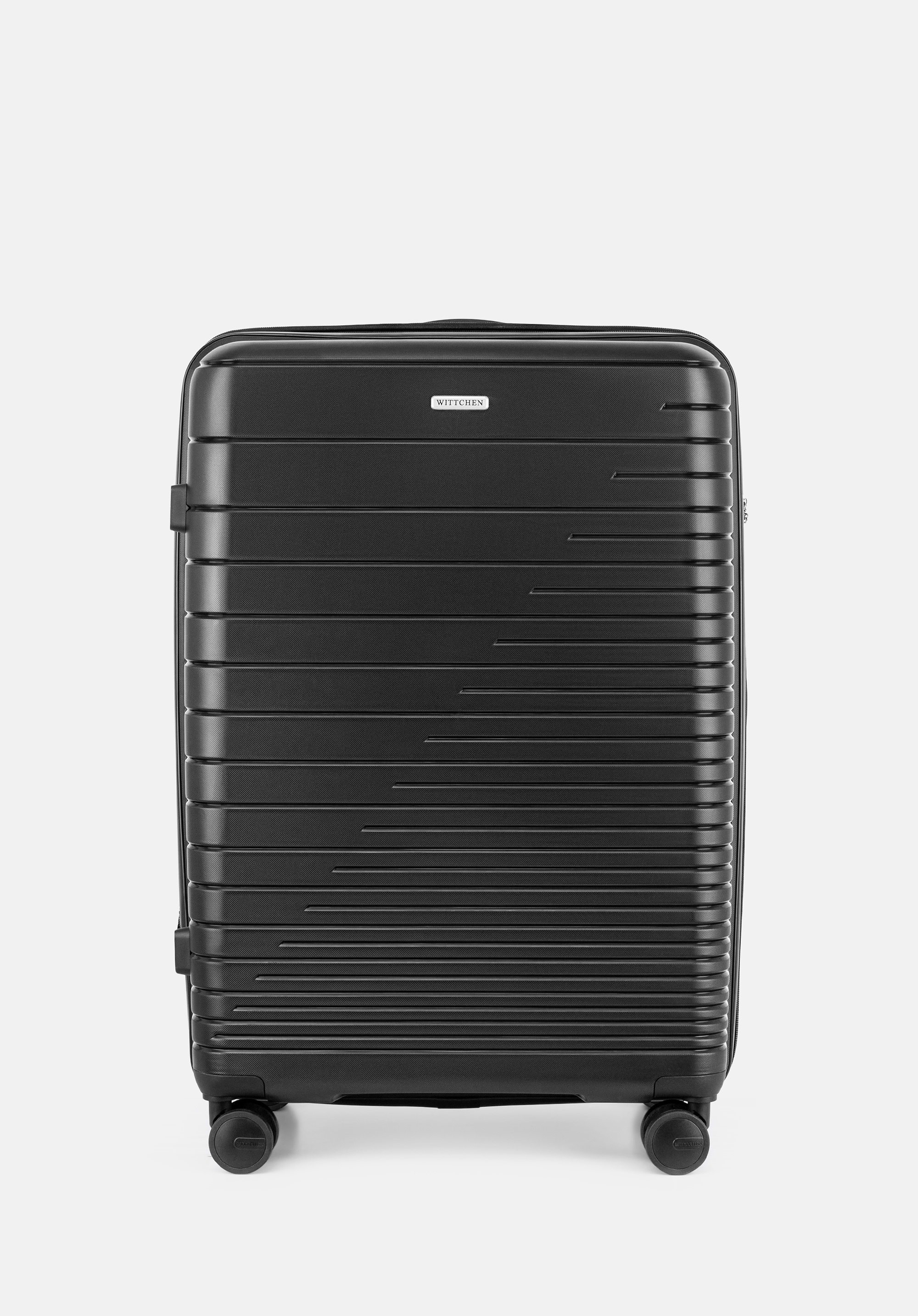 Duża walizka z polipropylenu z błyszczącymi paskami czarna