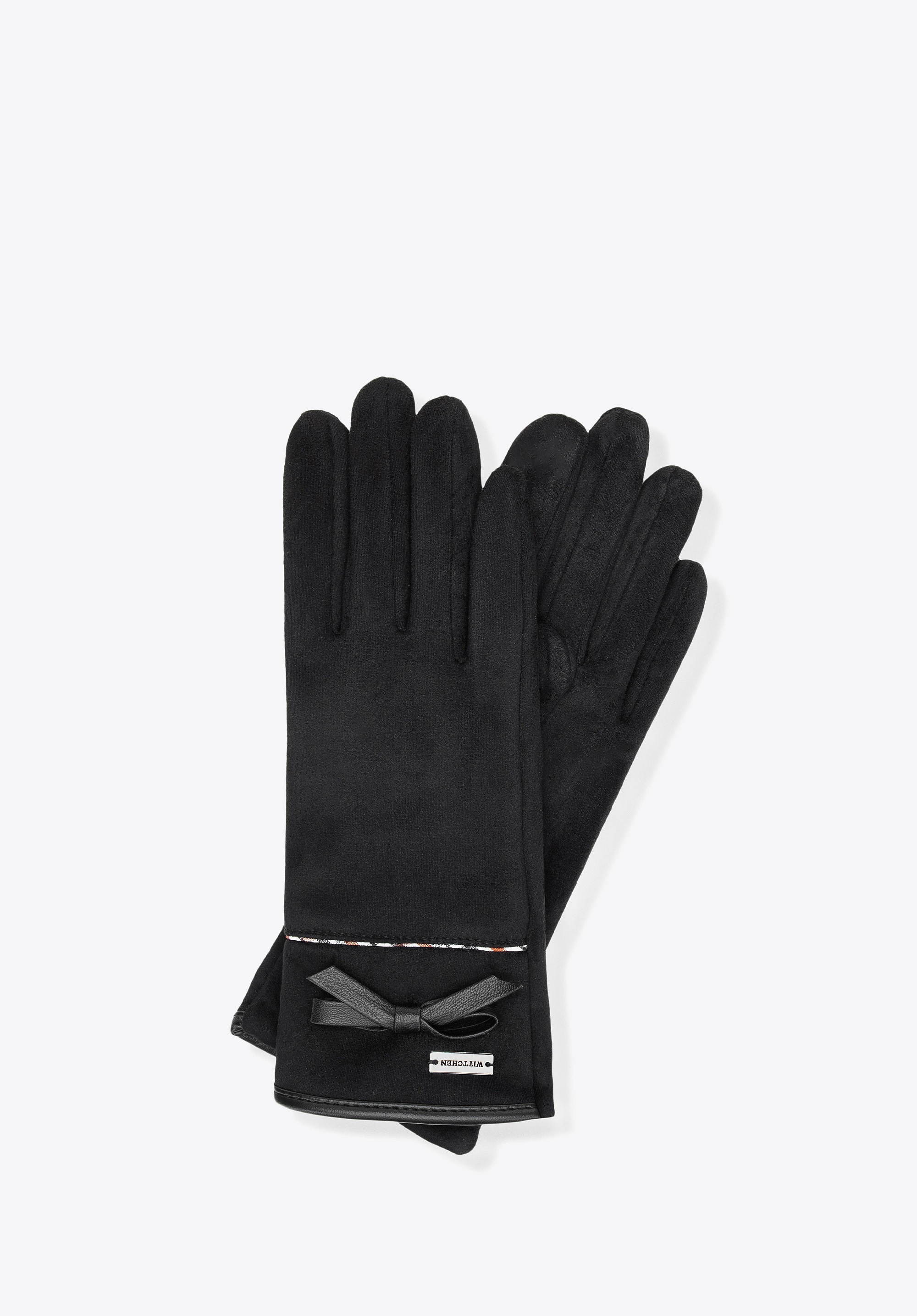 Damskie rękawiczki z kokardą i delikatnym przeszyciem czarne