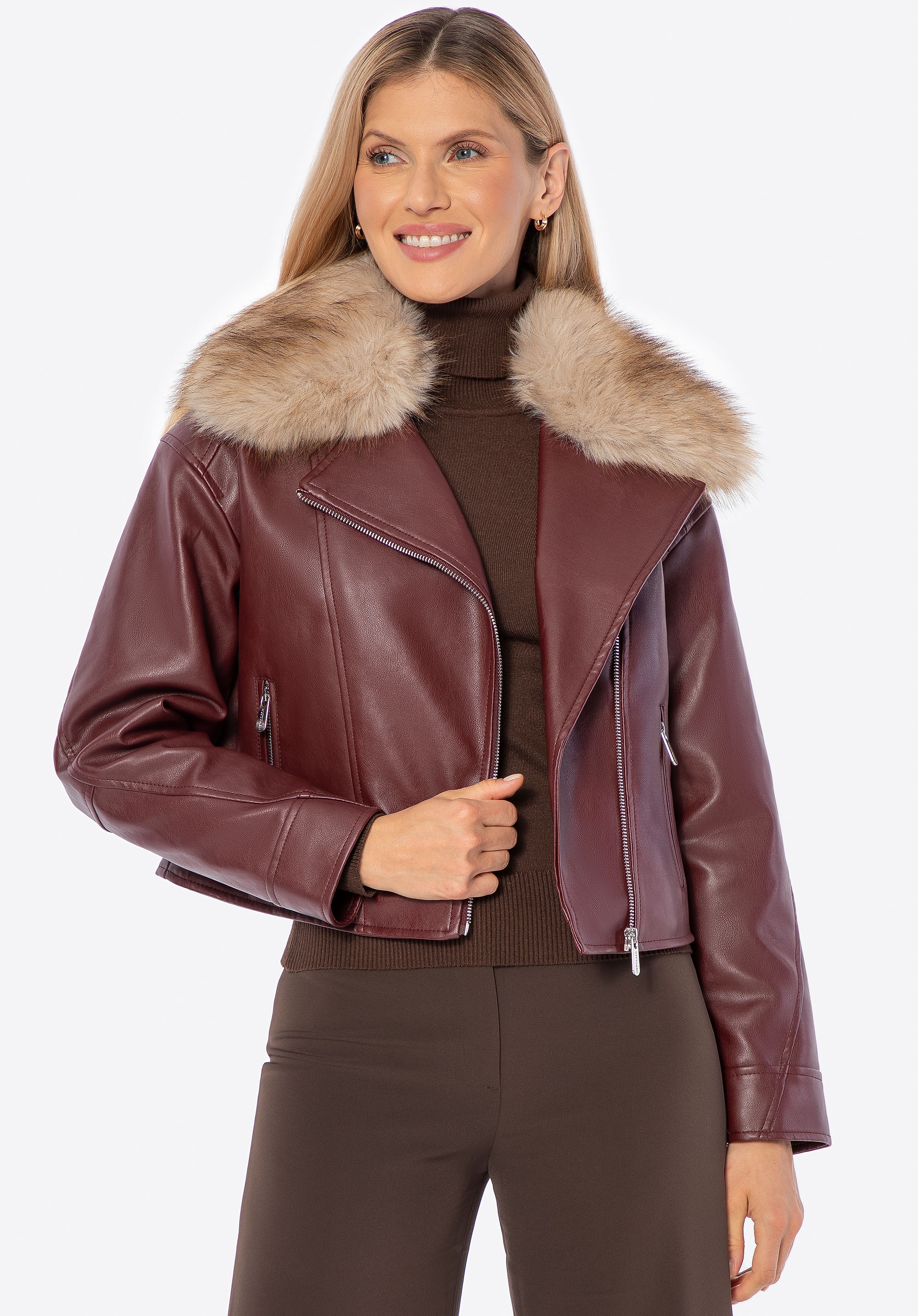 Ocieplana damska ramoneska z futrzanym kołnierzem bordowa