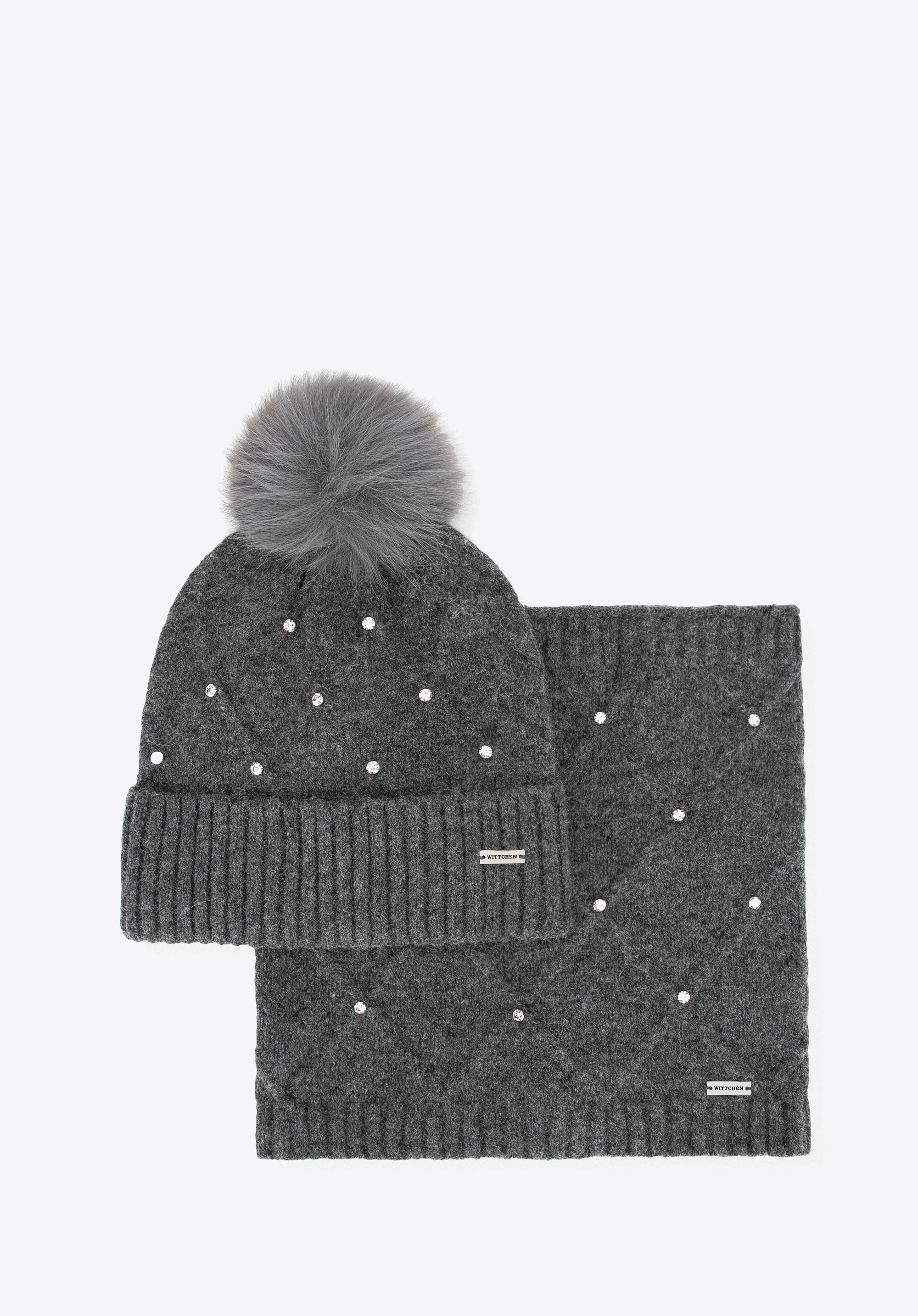 Komplet damski zimowy – czapka i komin w kryształki szary