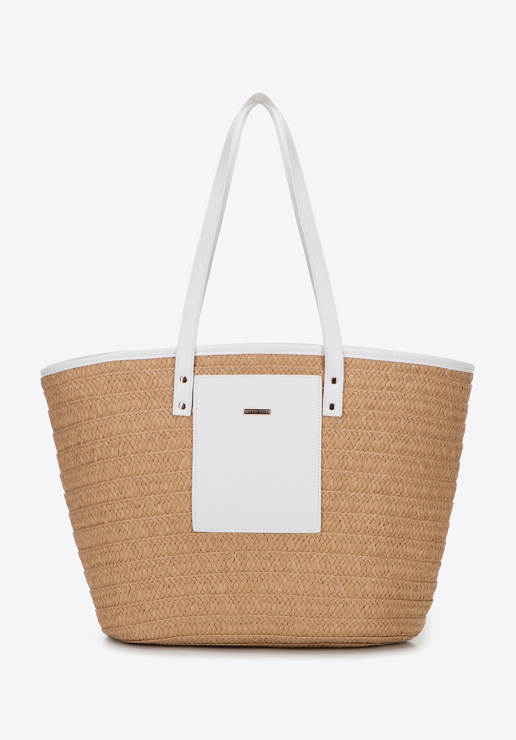 Damski koszyk z plecionki i ekoskóry beżowo - kremowy
