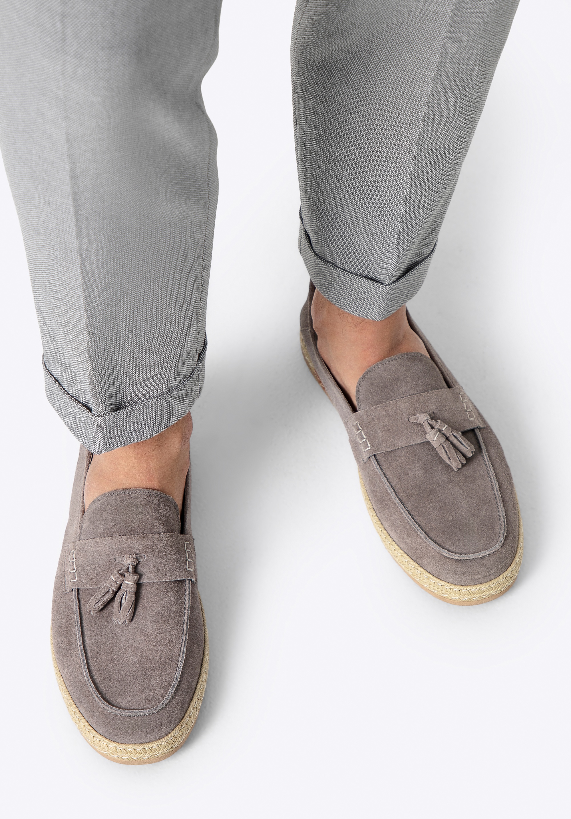 Męskie mokasyny ze skóry zamszowej z chwostem szare