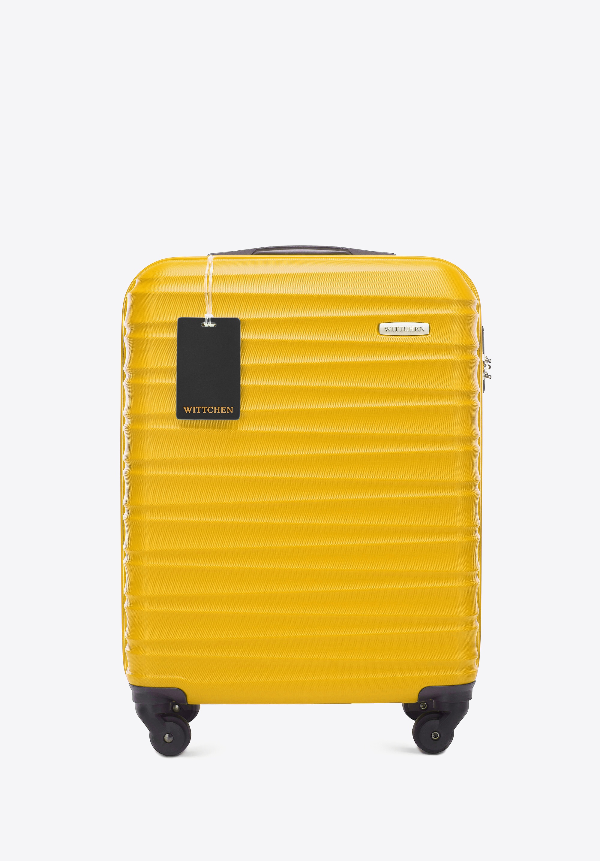 Mała walizka z ABS-u i identyfikator z logo żółta