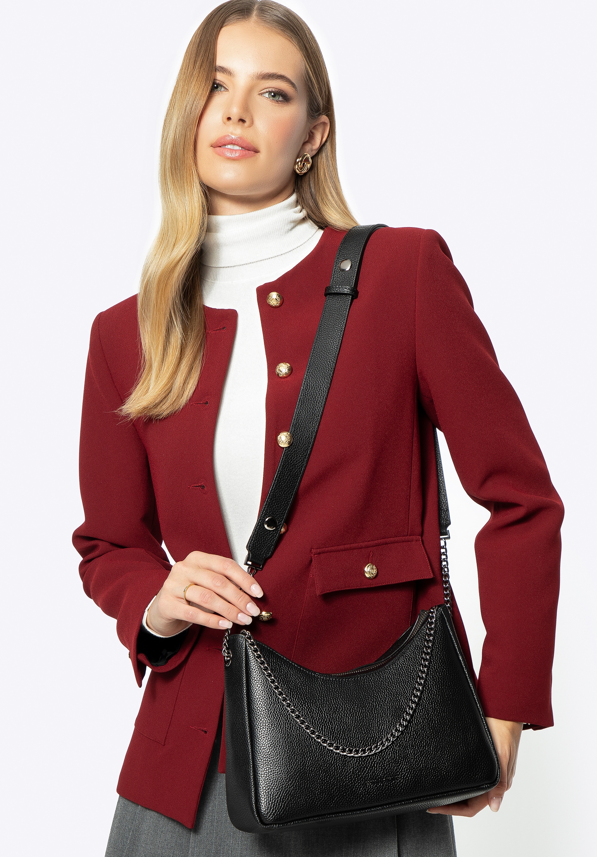 Damska torebka bagietka ze skóry czarno - grafitowa