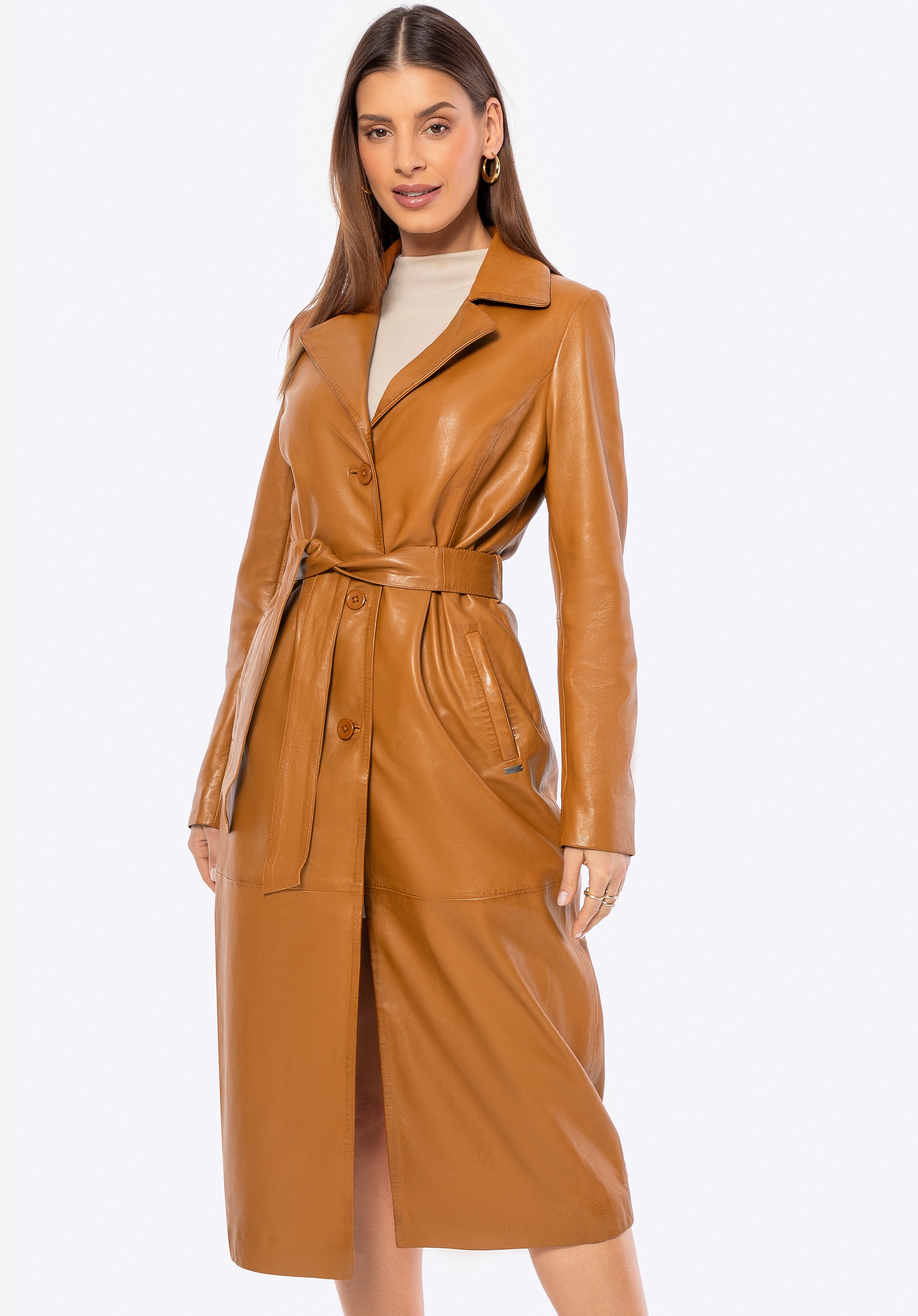 Damski płaszcz ze skóry owczej długi karmelowy