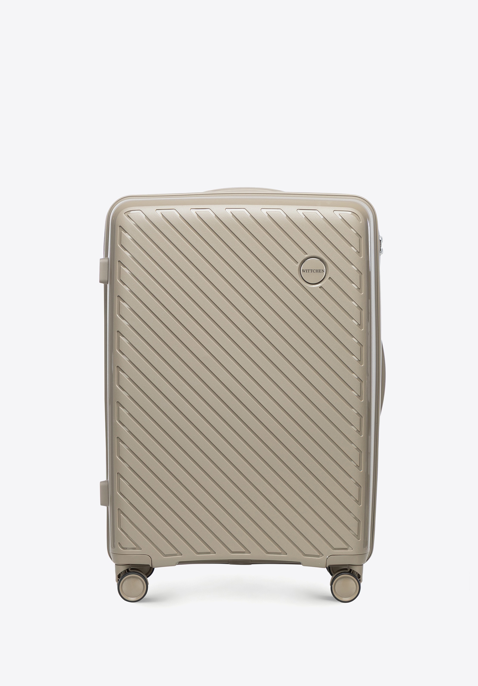 Średnia walizka z polipropylenu w tłoczone paski ciemny beż