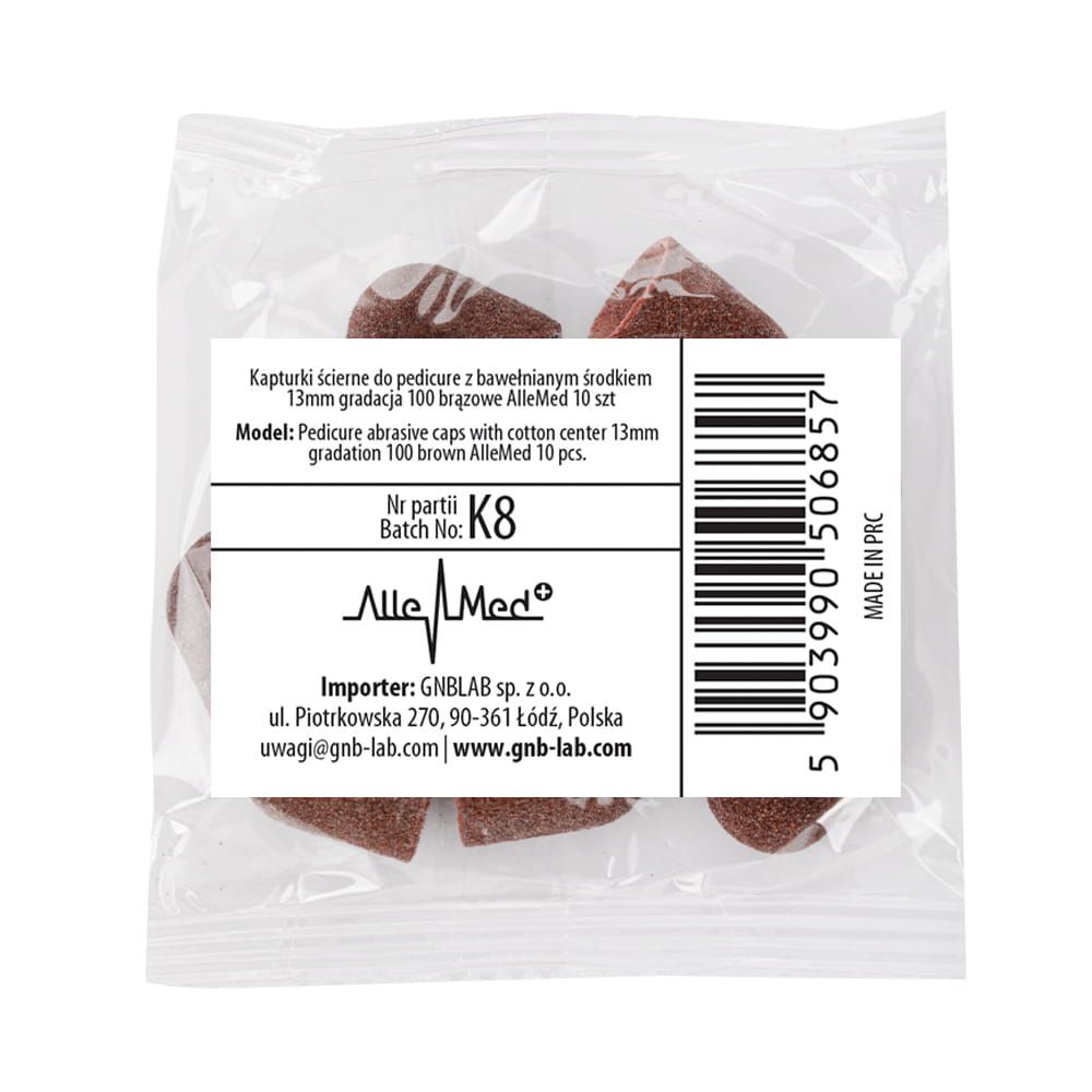 Kapturki ścierne do pedicure z bawełnianym środkiem 13mm gradacja 60 brązowe AlleMed 10 szt