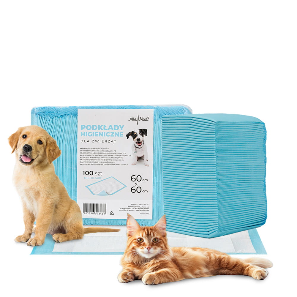 Podkłady mata maty chłonne dla psa nauka sikania higiena czystość AlleMed 100 szt. 60x60 cm niebieskie