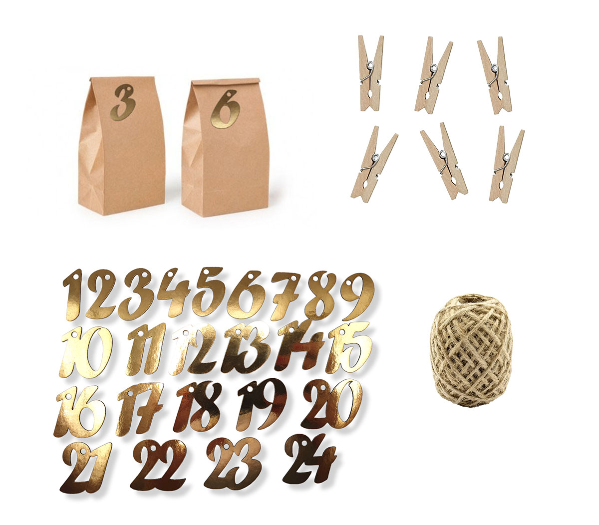 Kalendarz adwentowy torebki kraft 24 szt. + numerki, sznurek i klamerki, Złote cyfry, EKO Zestaw
