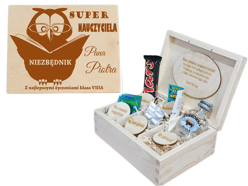 Drewniane pudełko, niezbędnik, prezent dla nauczyciela. (Koniec Roku)