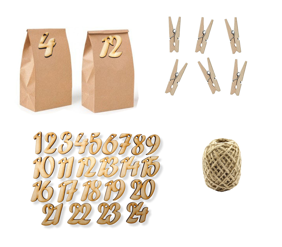 Kalendarz adwentowy torebki kraft 24 szt. + numerki, sznurek i klamerki, Drewniane cyfry, EKO Zestaw