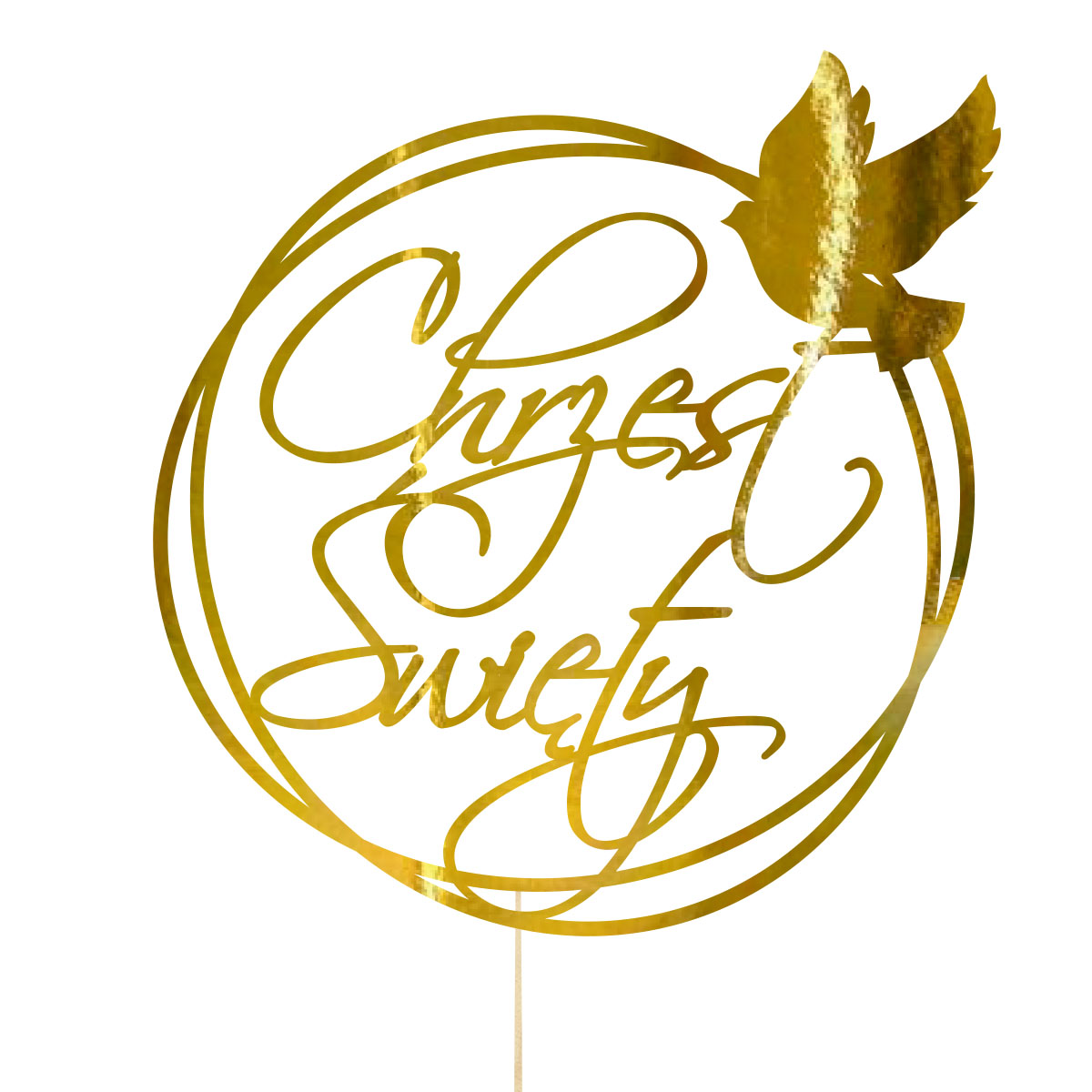 Topper dekoracja na bok tortu pik napis Chrzest Święty z gołąbkiem złote lustro