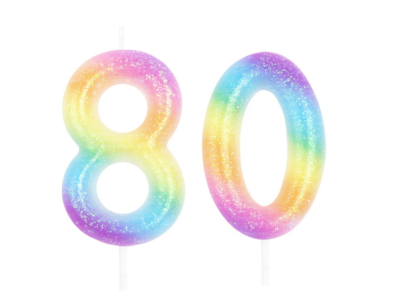 Świeczka urodzinowa na tort Cyfra 80, tęczowa z brokatem, 10 cm