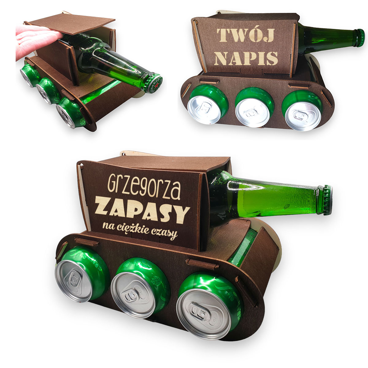 Drewniany czołg na piwo, alkohol, prezent 18, 30, 40, 50 urodziny dla dziadka, chłopaka, taty, kawalerski - GRAWER, IMIĘ, Twój napis brązowy