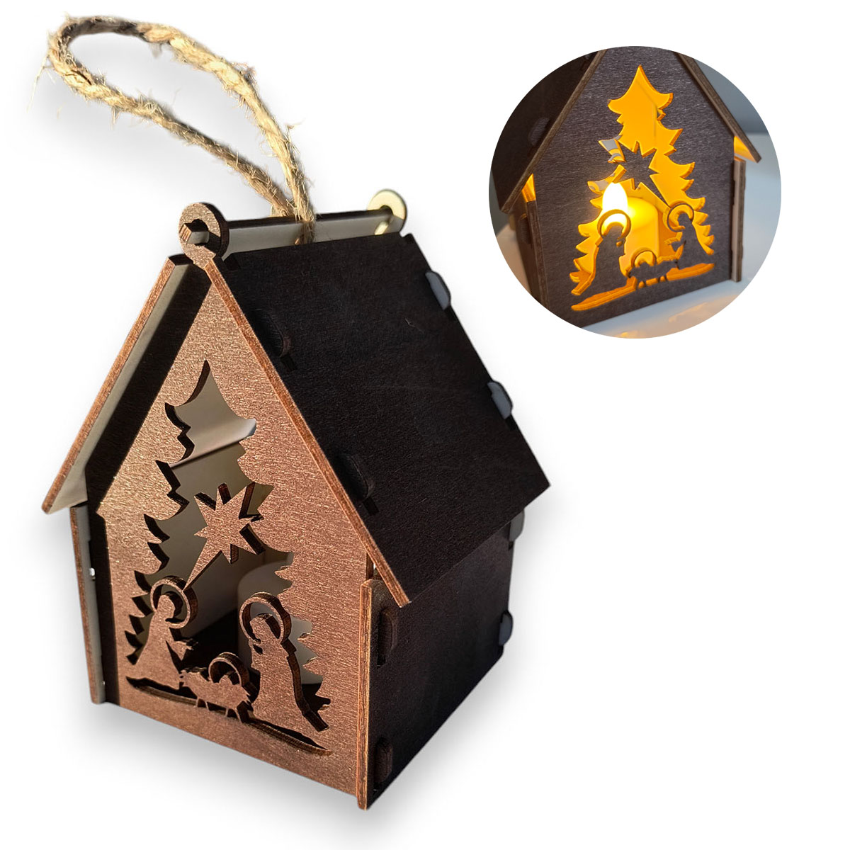Lampion Adwentowy Drewniany domek na Roraty LED stajenka, kolor brąz