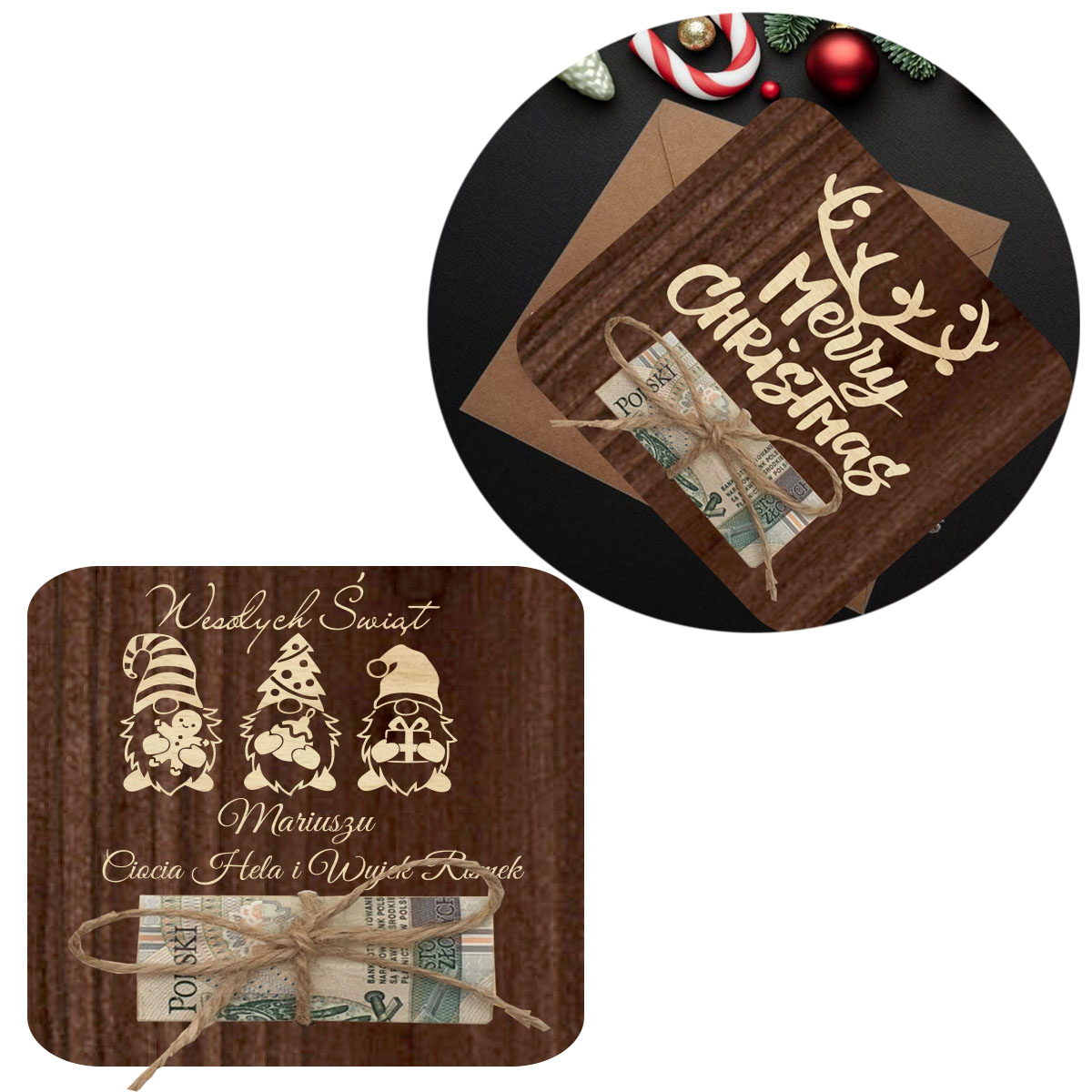 Świąteczny Bon Podarunkowy, drewniana kartka na prezent, pieniadze, voucher banknoty, Imię, brąz