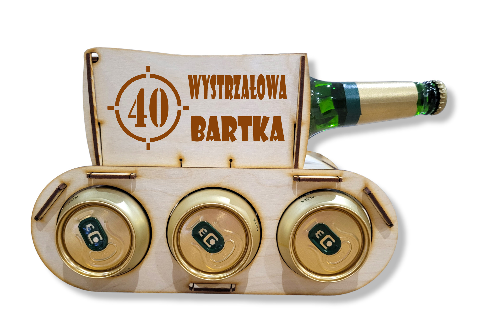 Drewniany czołg na piwo, alkohol, prezent 18, 30, 40, 50 urodziny dla dziadka, chłopaka, taty, kawalerski - GRAWER, IMIĘ, NAPIS