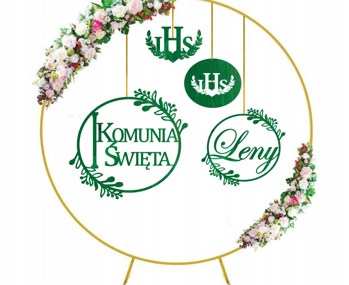 Baner na Komunię Świętą z imieniem koła, obręcze dekoracja ścianka Tablica komunijna drewniana butelkowa zieleń zestaw