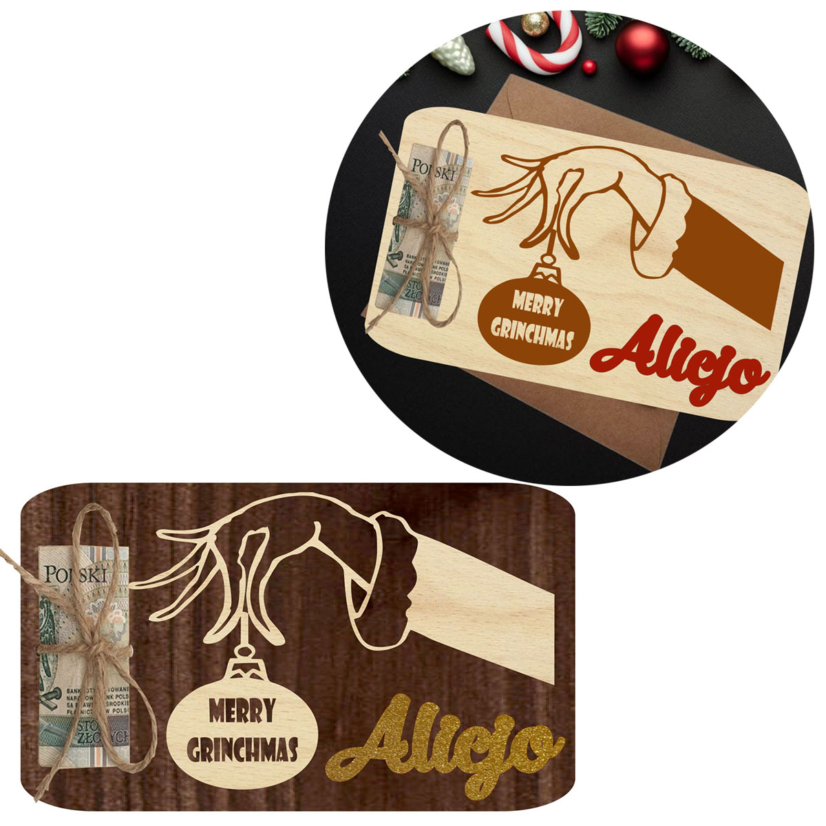 Świąteczny Bon Podarunkowy GRINCH, bombka drewniana kartka na prezent, pieniadze, voucher mikołajki banknoty Twój napis LOGO