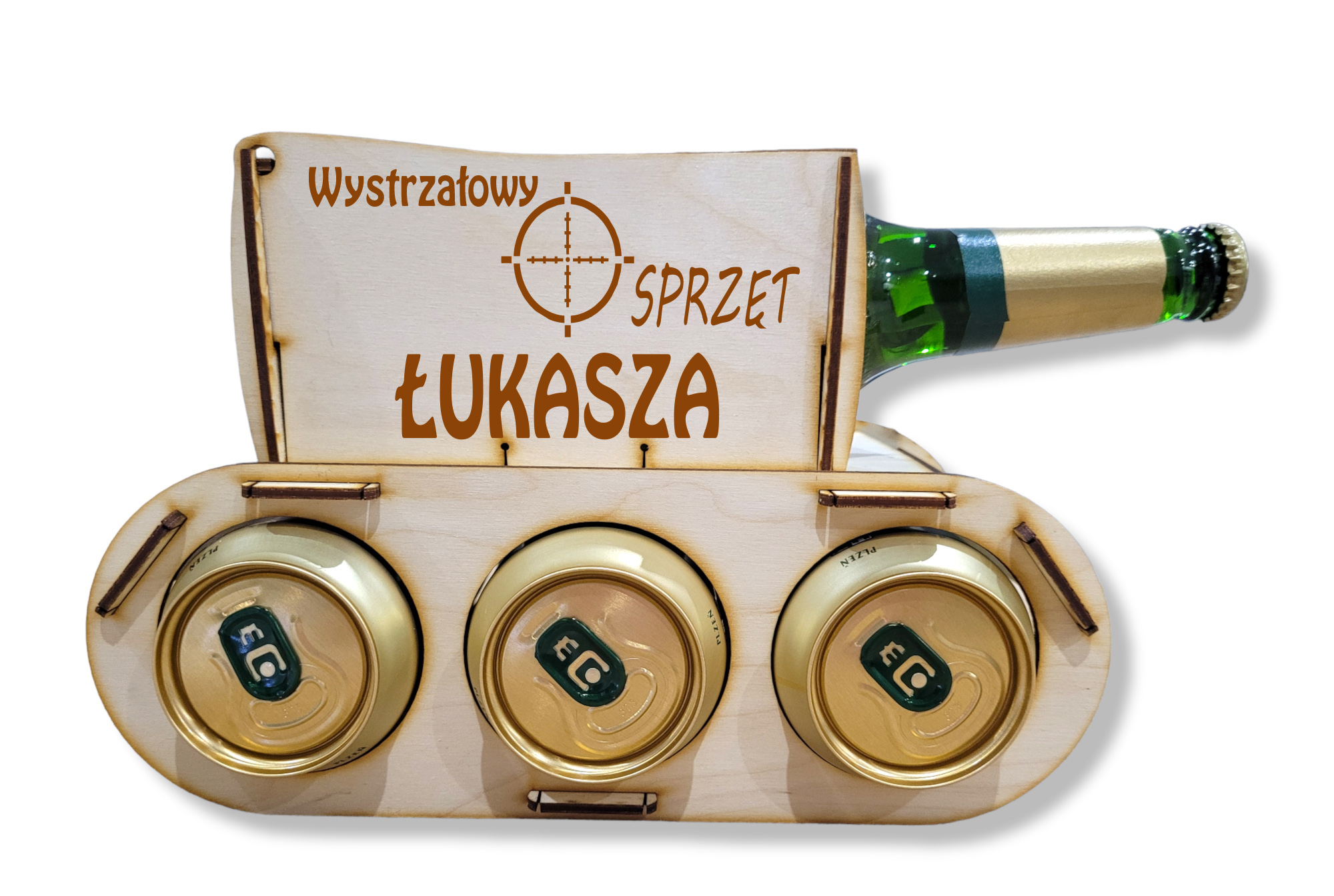 Drewniany czołg na piwo, alkohol, prezent 18, 30, 40, 50 urodziny dla dziadka, chłopaka, taty, kawalerski - GRAWER, IMIĘ, NAPIS