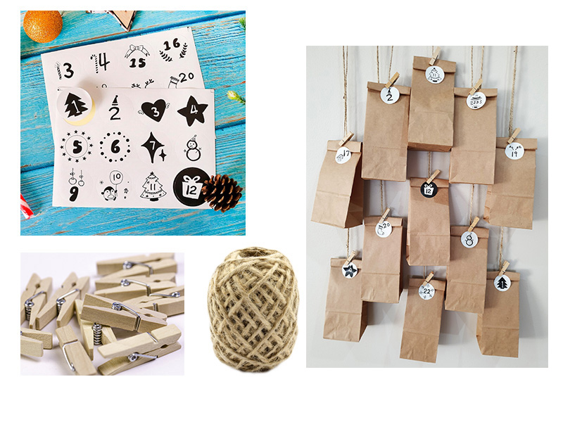 Kalendarz adwentowy z papieru kraft 24 szt. + naklejki, sznurek i klamerki