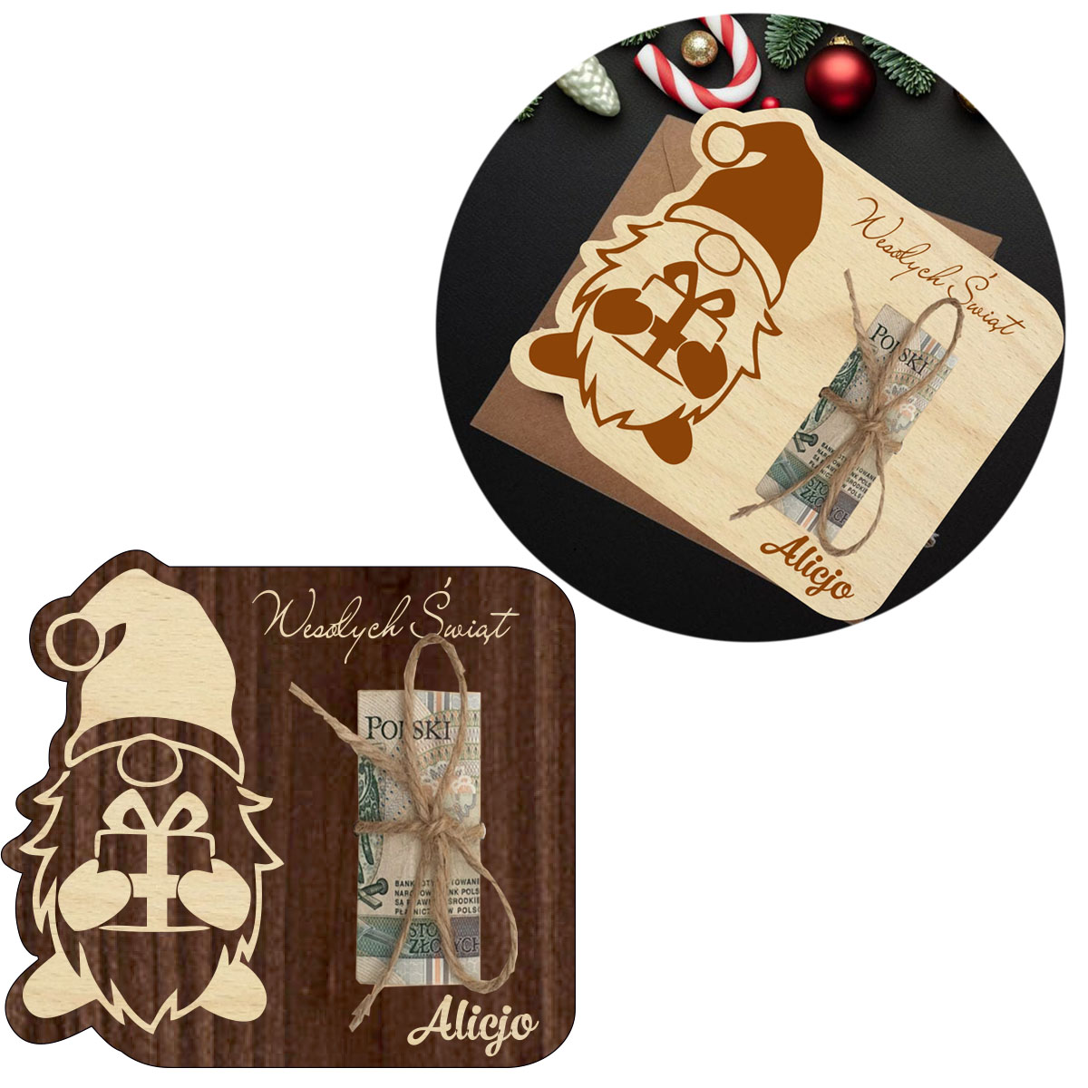Świąteczny Bon Podarunkowy, drewniana kartka na prezent, pieniadze, voucher mikołajki banknoty Twój napis LOGO