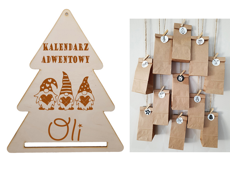Kalendarz adwentowy z papieru kraft eko domki torebki choinka grawer personalizacja IMIĘ